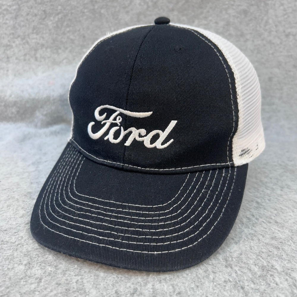 Ford Script Logo Mens Black White Ford Trucker Hat Mesh Snapback OSFM
